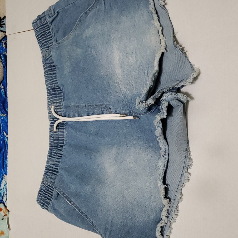 Celebrity Pink Washed Fringe Hem Drawstring Pull On Denim Shorts Plus XXXL